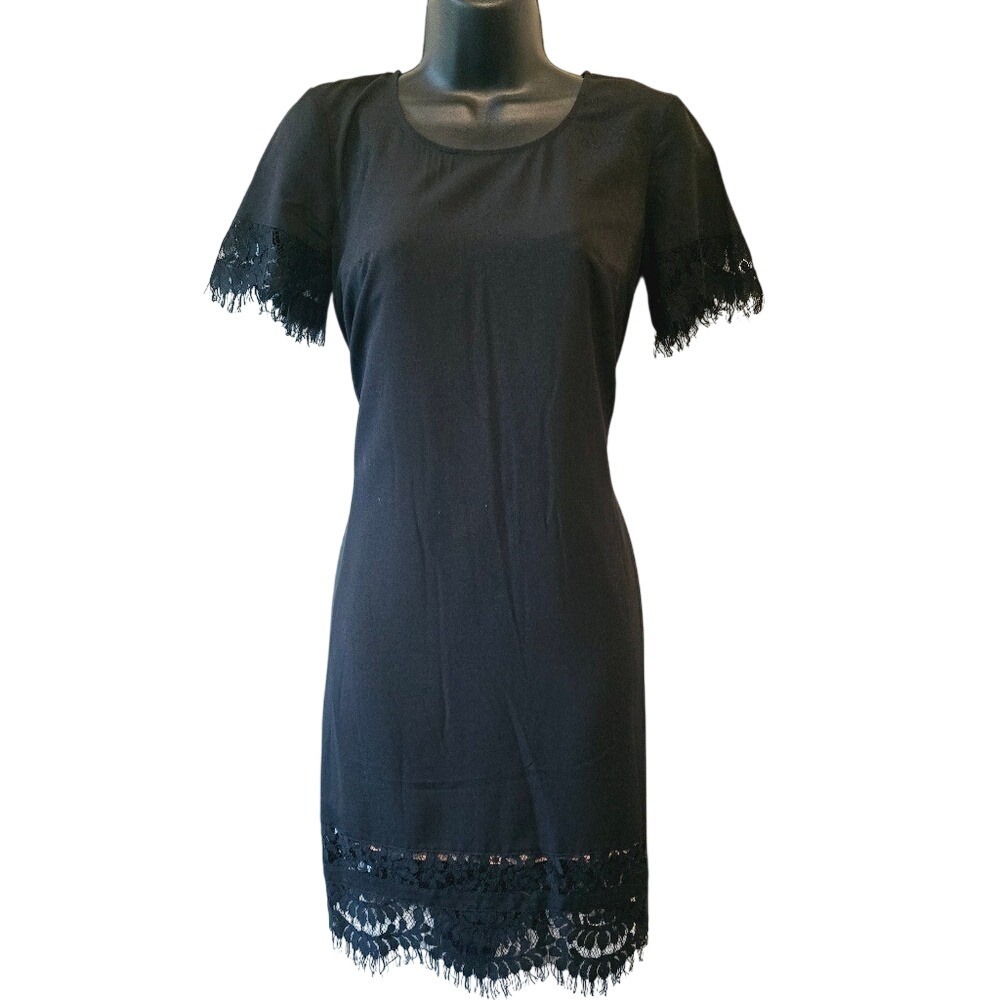 NWT French‎ Connection Black Shift Dress Blue Geometric Lace Back Size 0